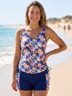 NWT HALCURT Floral Ruched Drawstring Tankini Top & Boy Shorts Swimsuit Set Large